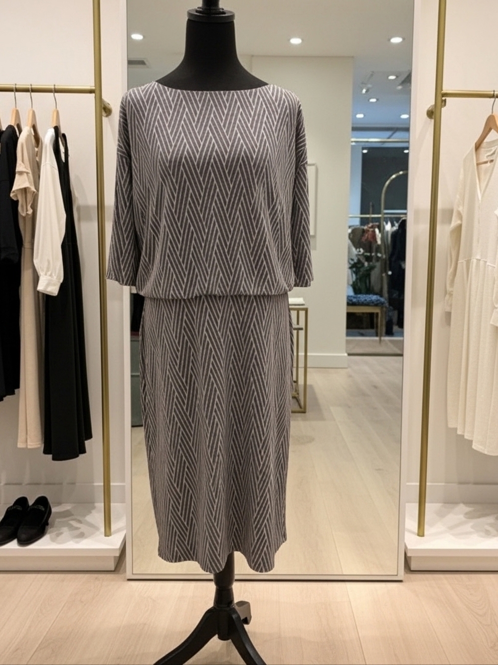 Geometric Knit Two-Piece Dress in Gray and White